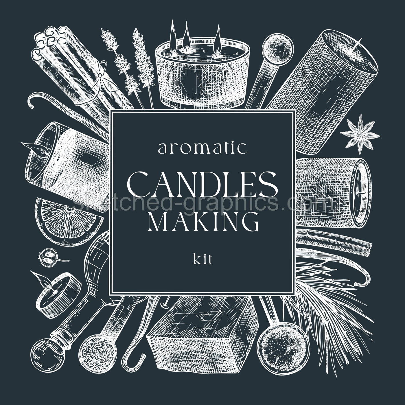 Hand sketched candle-making card design on chalkboard. Vintage candles, herbs, wax,  spices, skewers hand drawings square wreath. Perfect template for aromatherapy, hobby, handcrafts, candle making Illustration